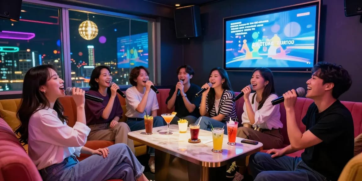 Karaoke fun at 강남가라오케 with friends enjoying vibrant nightlife.