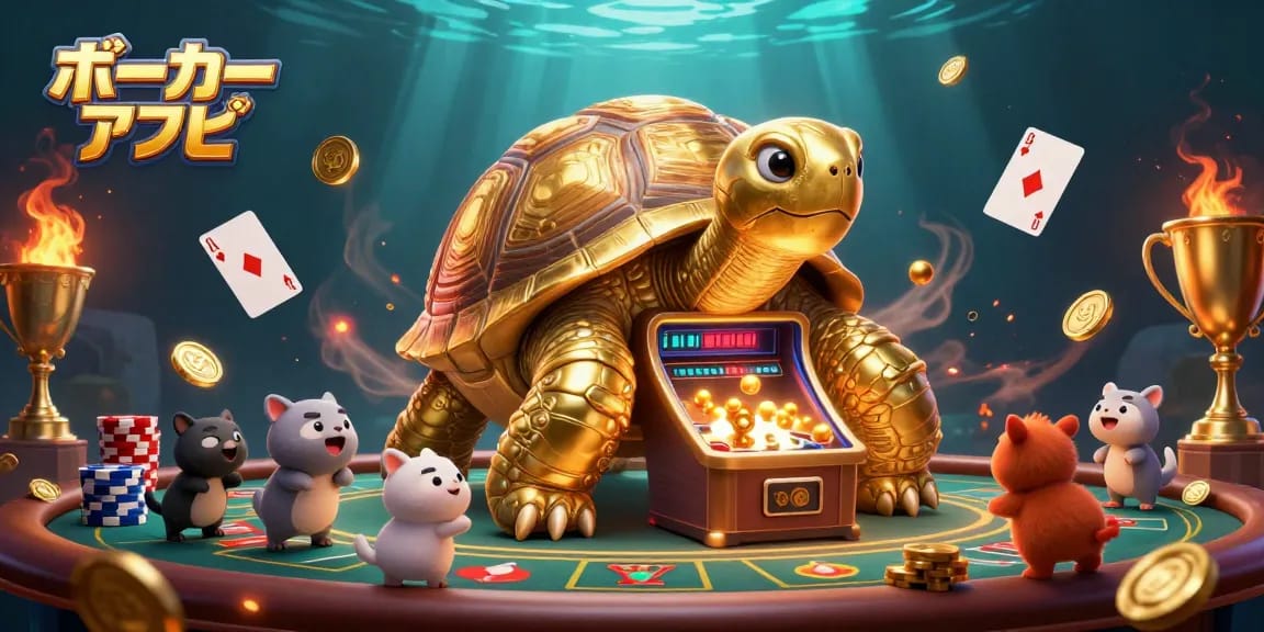 ポーカーアプリでプレイする小動物たちとコインが舞う賑やかなシーン。