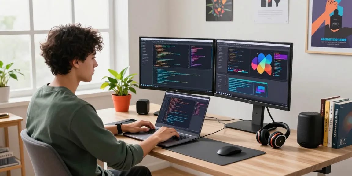 Innovative workspace showcasing a developer coding for 纸飞机中文版 with vibrant visuals and modern tech.