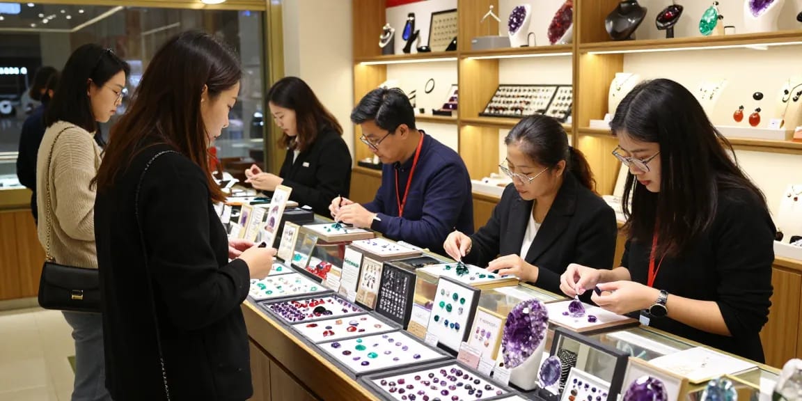 Engaged shoppers exploring quality gemstones at https://www.mygemspot.com in an inviting marketplace.