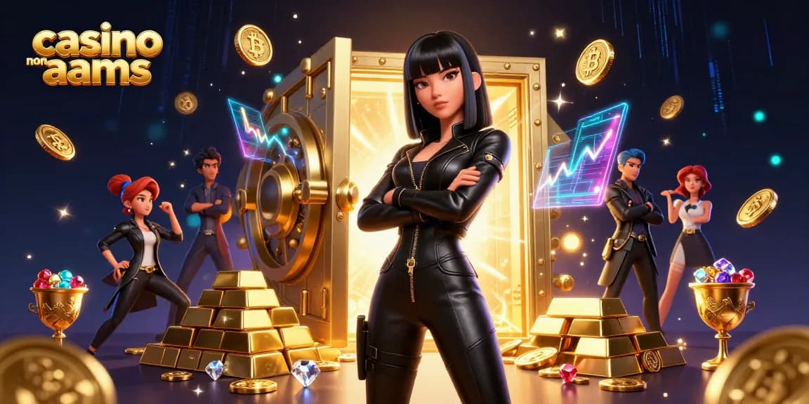 Scena 3D coinvolgente di un casinò non AAMS che mostra una donna asiatica circondata da elementi in oro e cripto.
