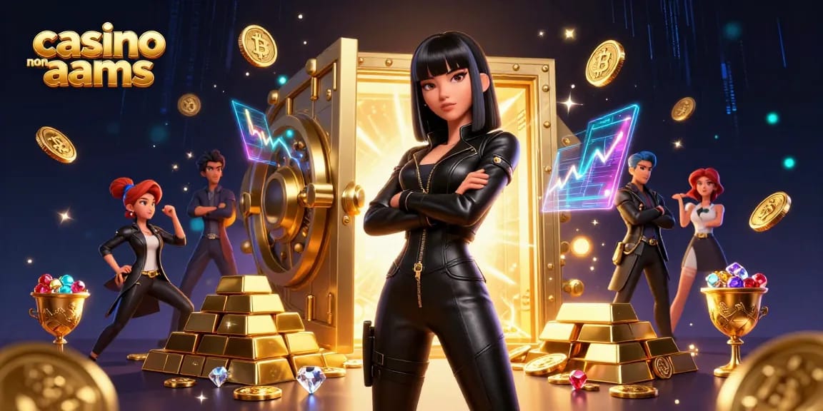 Scena 3D coinvolgente di un casinò non AAMS che mostra una donna asiatica circondata da elementi in oro e cripto.