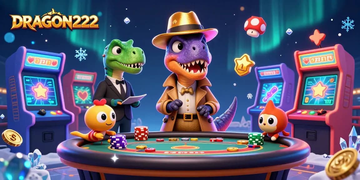 Experience exciting gaming at DRAGON222 with a velociraptor card counter and colorful arcade elements.