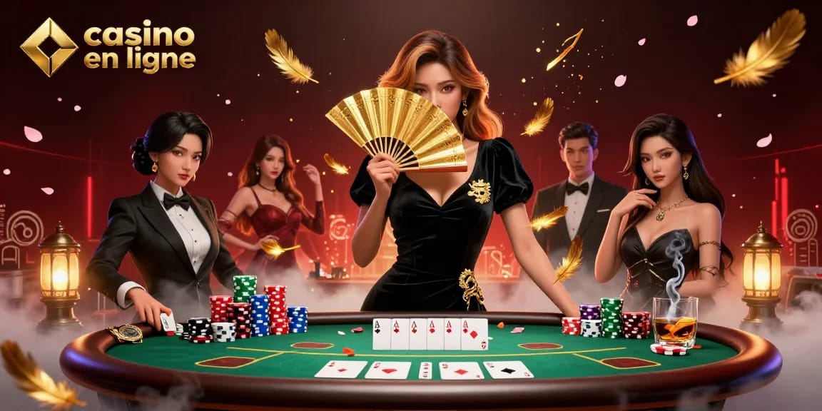 Engage with stunning casino en ligne action featuring a captivating Asian dealer at a poker table.