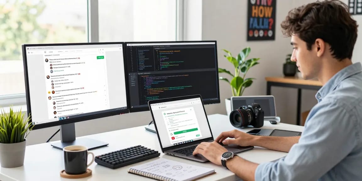 Professional accessing WhatsApp網頁版 on a laptop in a modern workspace.