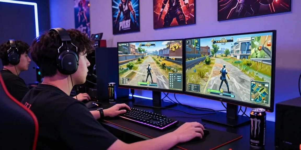 Intense gaming setup with PROOFCORE.IO player immersed in PUBG action.