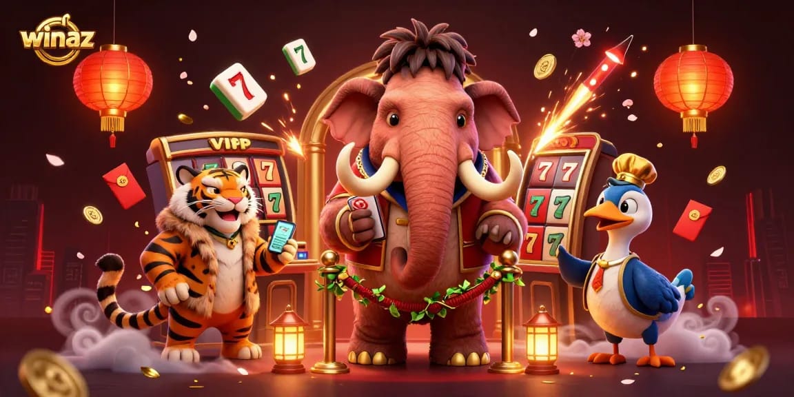 Experience the exclusive winaz casino entrance with a woolly mammoth bouncer, showcasing vibrant gaming elements.