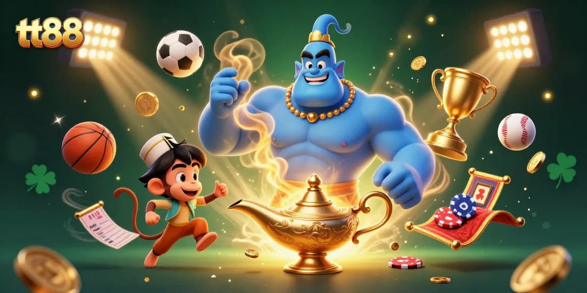 Experience winning thrills at tt88 with this vibrant casino scene featuring the magical genie and sports elements.