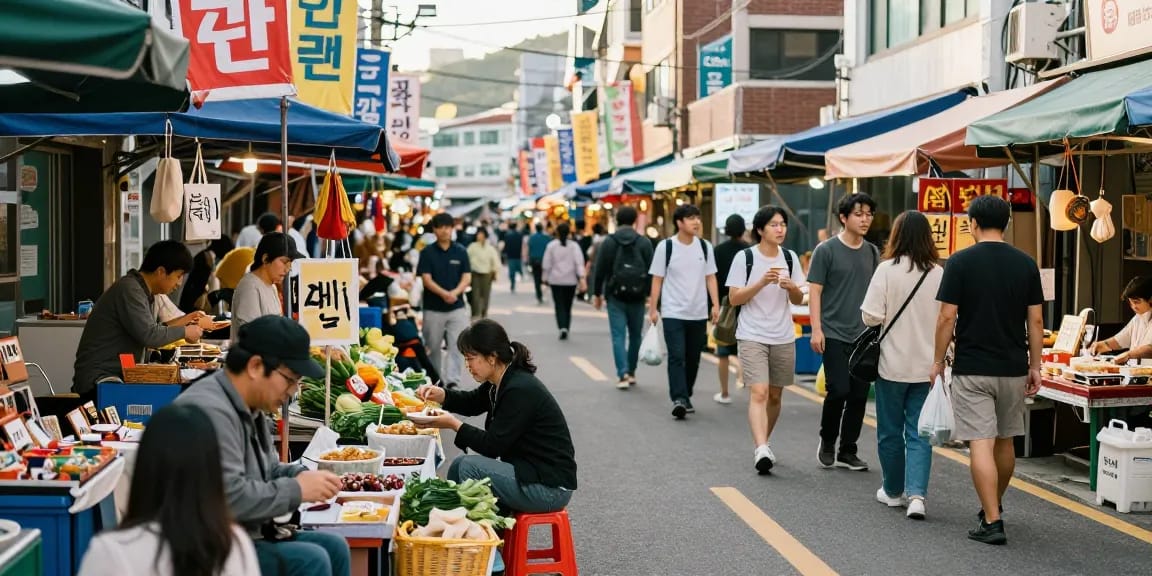 울산OP 상징하는 활기찬 시장 풍경에서 사람들과 지역 상인들 교류하는 모습