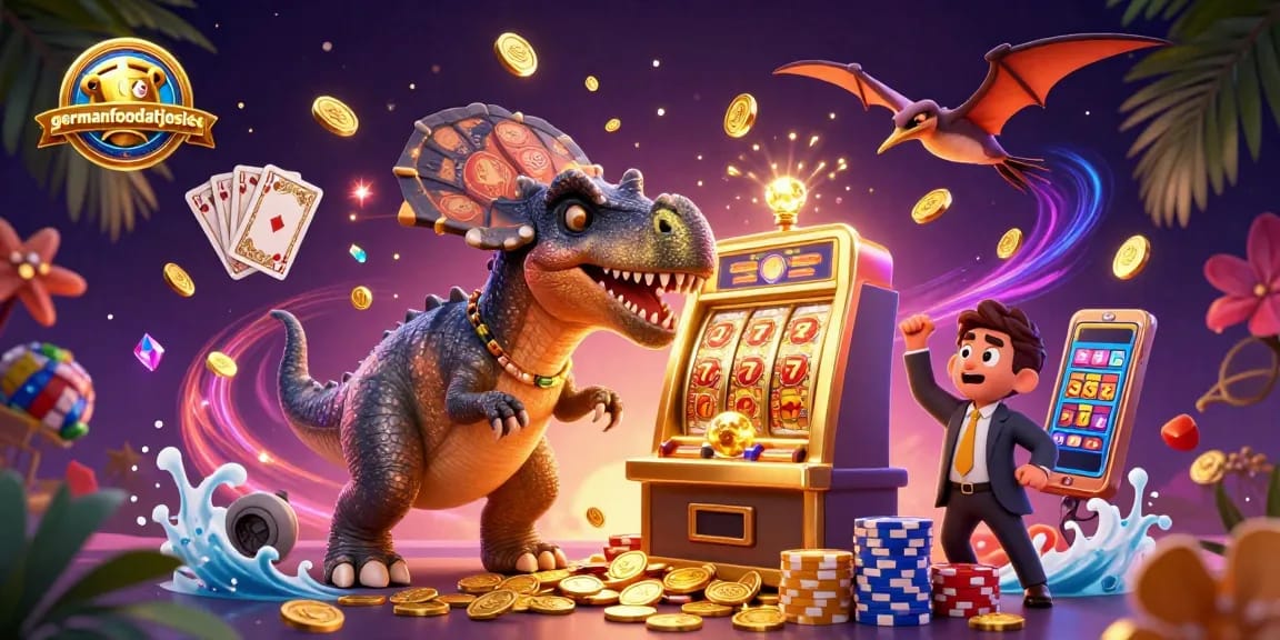 Engage with germanfoodatjosies' thrilling slot jackpots as a cartoon dinosaur claims victory!