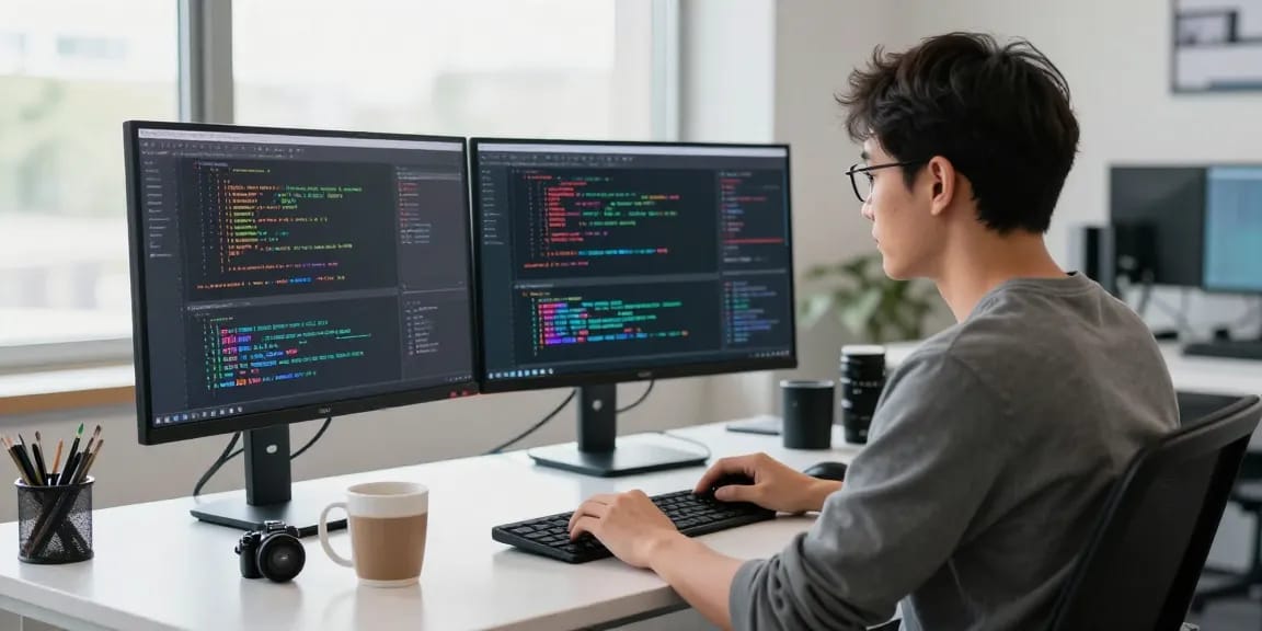Spicy AI developer coding algorithms in a vibrant tech workspace