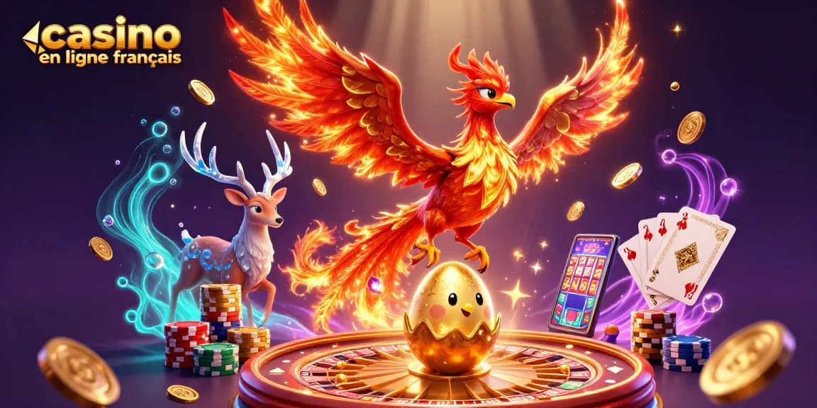 Admirez cette scène de casino en ligne français avec un phoenix et des pièces dorées en mouvement.