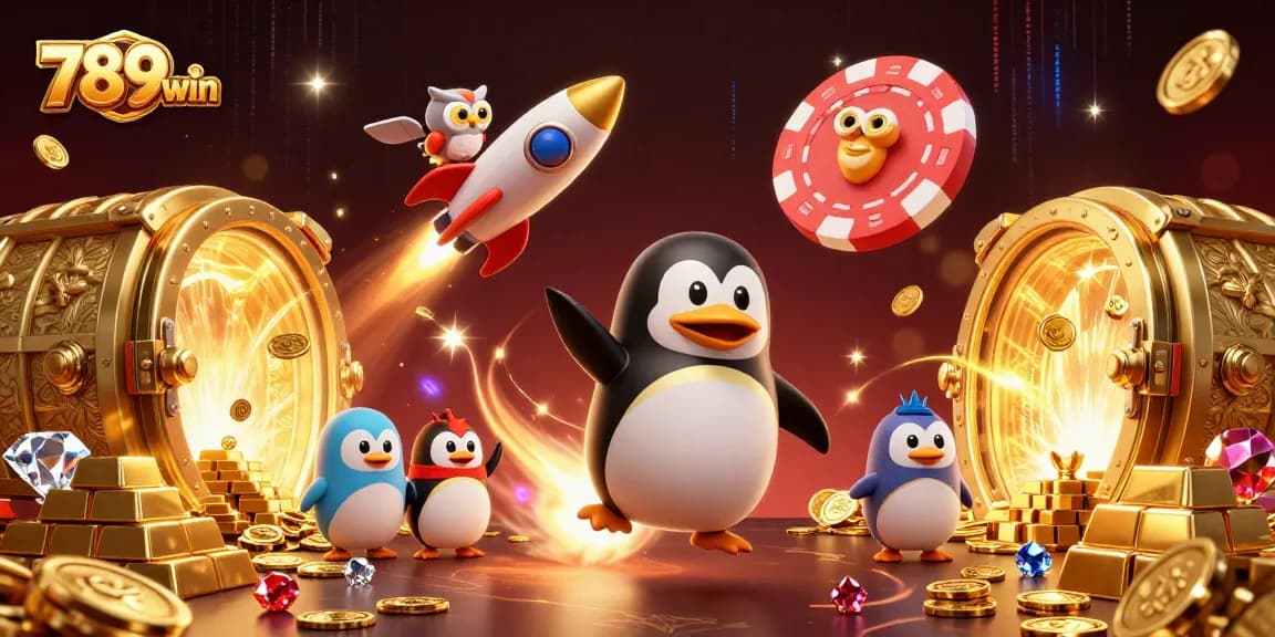 Experience 789win's thrilling gameplay with a penguin shooting through cosmic treasures at an online casino.