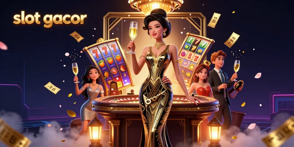 Experience the excitement of slot gacor with spinning slot reels and dynamic jackpot effects in a glamorous casino scene.