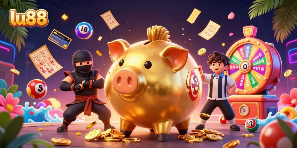 lu88 players winning big in a dynamic casino scene featuring exciting lottery elements and vibrant illustrations
