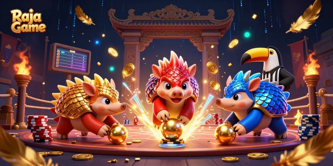 Raja Game features exciting pangolin rivals in a dynamic casino setting with vibrant gambling elements.