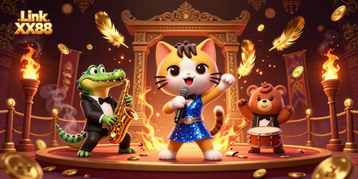 Experience excitement in Link XX88 with the jazzy casino scene featuring cartoon characters and golden coins.