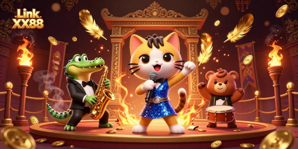 Experience excitement in Link XX88 with the jazzy casino scene featuring cartoon characters and golden coins.