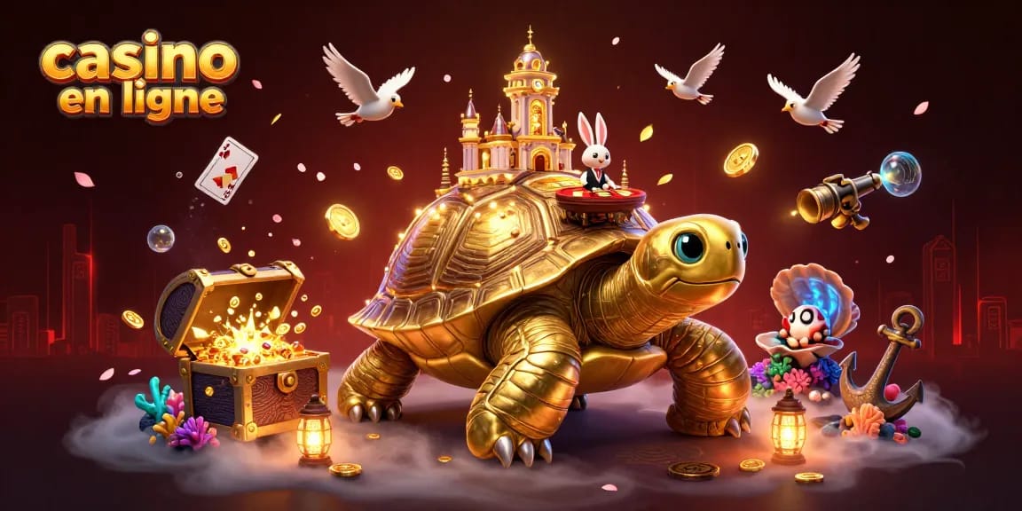 Profitez du casino en ligne avec une tortue dorée géante et un croupier sur une table de jeux.