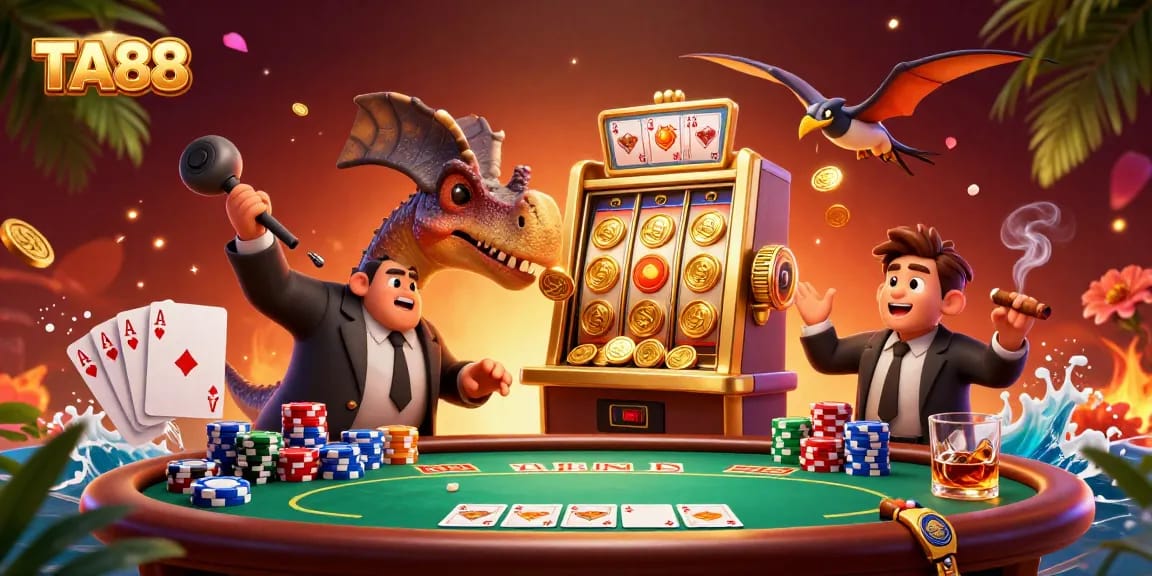 TA88 featuring a dinosaur headbutting a golden slot machine amidst flying gold coins.