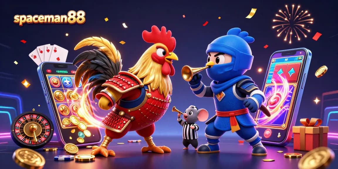 Engage in the exciting world of spaceman88, surrounded by dynamic casino elements and animated characters.