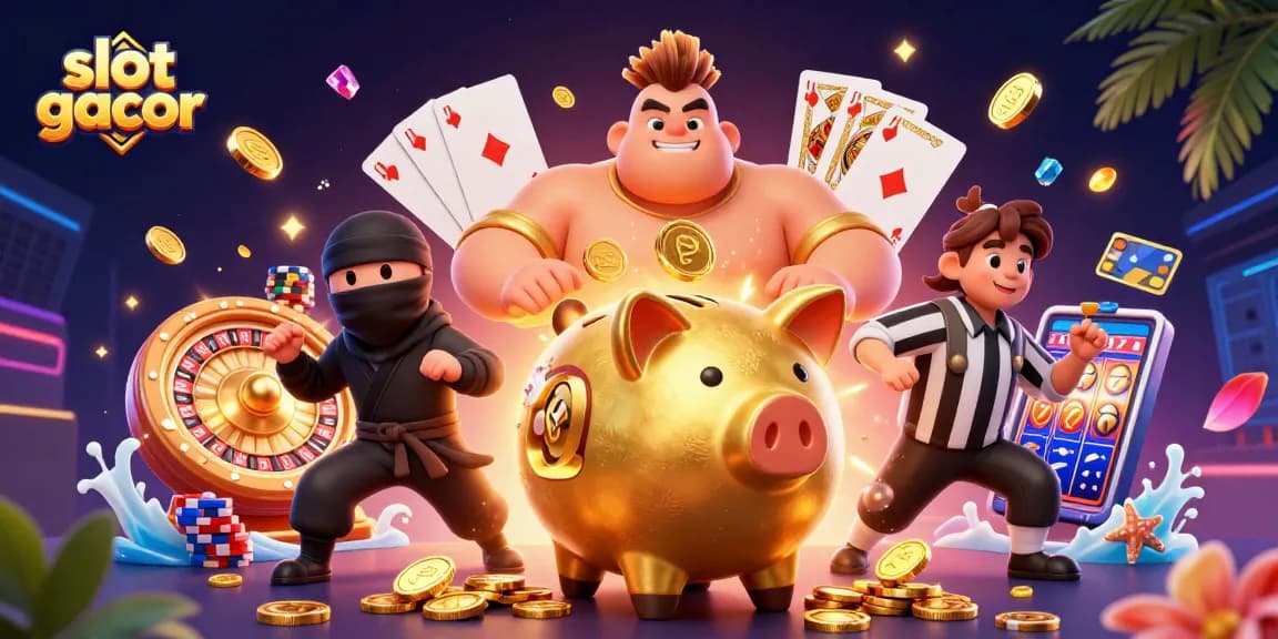 Experience thrilling gameplay with slot gacor's vibrant piggy bank sumo wrestler, surrounded by dazzling coins and cards.