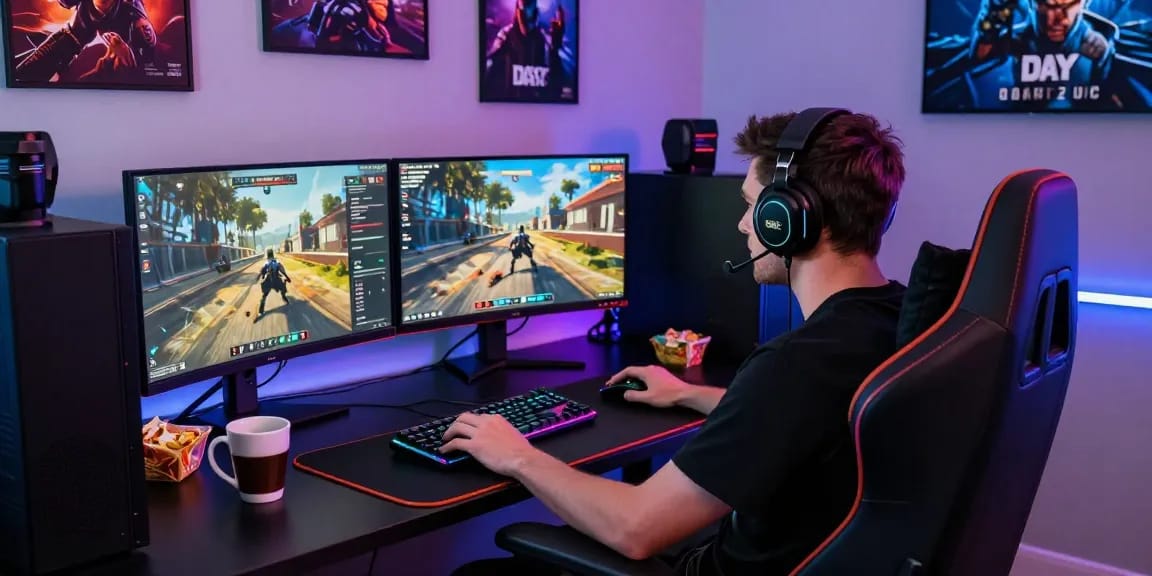 Immersive gamer at high-tech setup showcasing PROOFCORE.IO gameplay with vibrant visuals and engaging atmosphere.
