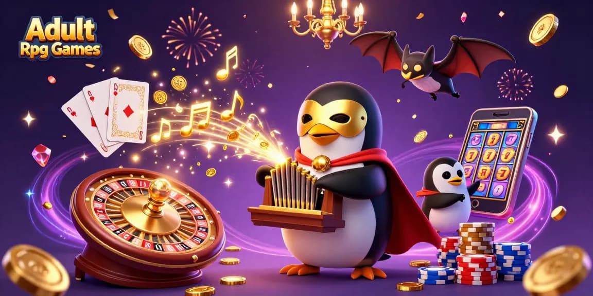 Strike gold with Adult Rpg Games as a penguin plays a magical organ amidst dazzling casino elements.