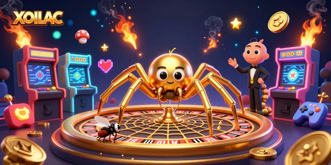 Experience thrilling betting actions at XOILAC with a dynamic illustration of a spider croupier spinning a roulette web.