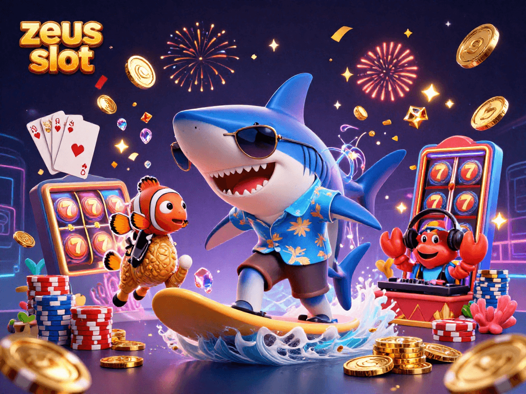 Immerse in zeus slot excitement with vibrant 3D characters amidst cascading gold coins and slot reels.
