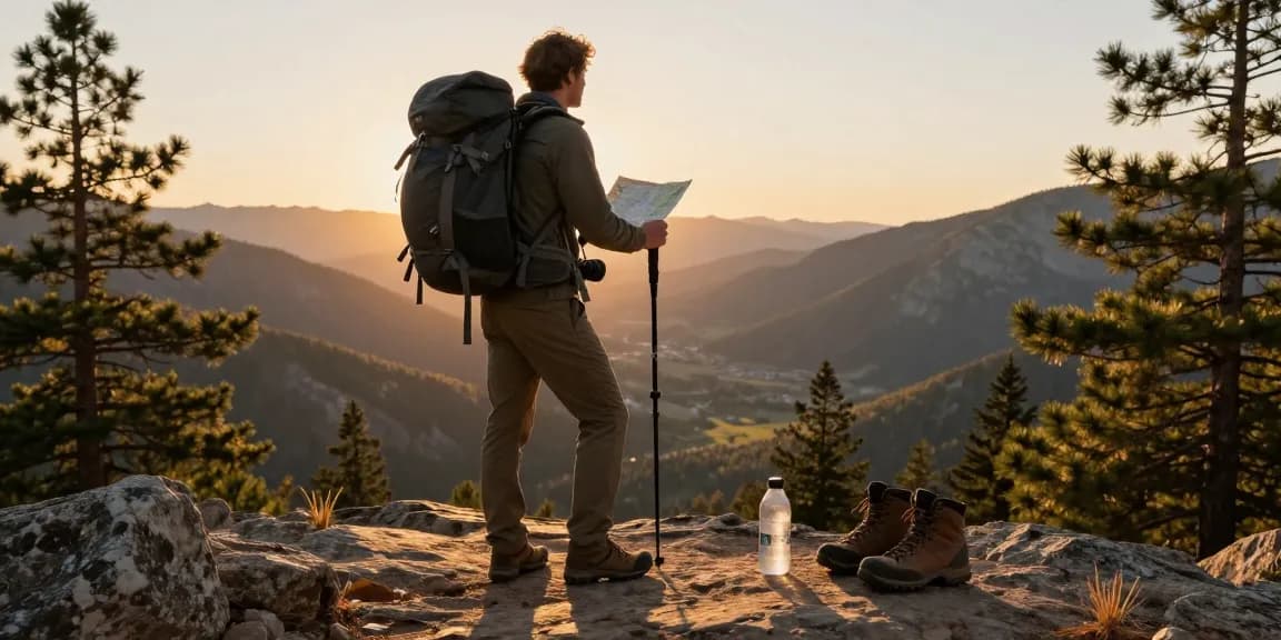 JURAGAN77 petualangan di taman nasional saat matahari terbenam, pengembara dengan perlengkapan hiking.