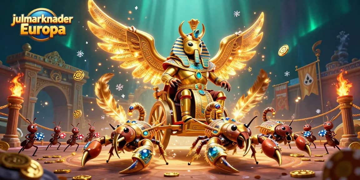 Engage with the festive atmosphere of julmarknader Europa in this vivid 3D illustration featuring a golden beetle and scorpions.