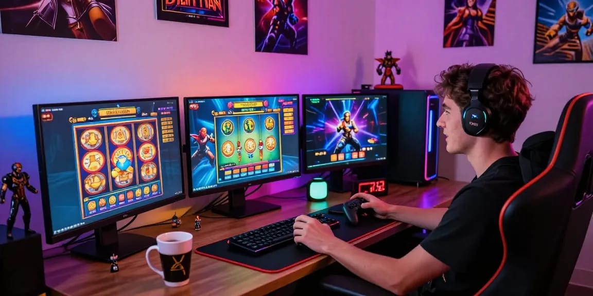 Exciting gaming scene featuring a player enjoying slot games with สล็อต เครดิตฟรี วอ ล เล็ ท, showcasing vibrant interfaces and a dynamic setup.