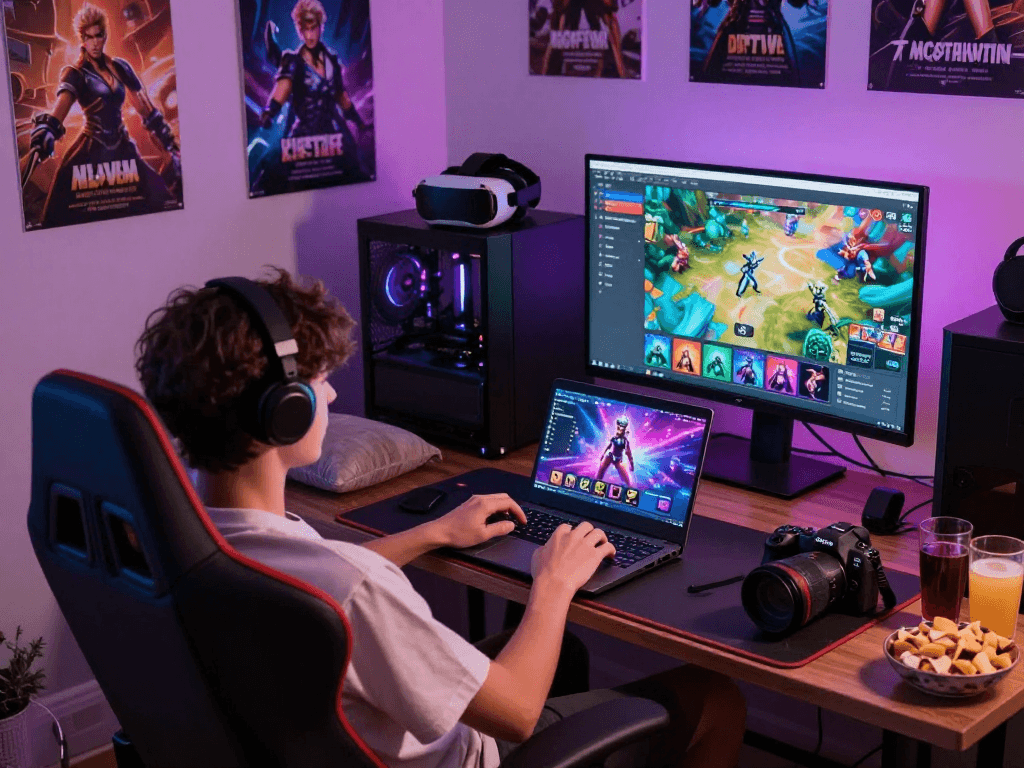 Engaged player exploring sex games on laptop in cozy gaming room