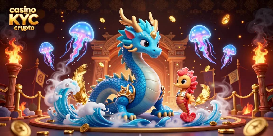 Plongez dans le monde du casino sans KYC crypto avec un dragon et un chevalier marin entourés de magie.