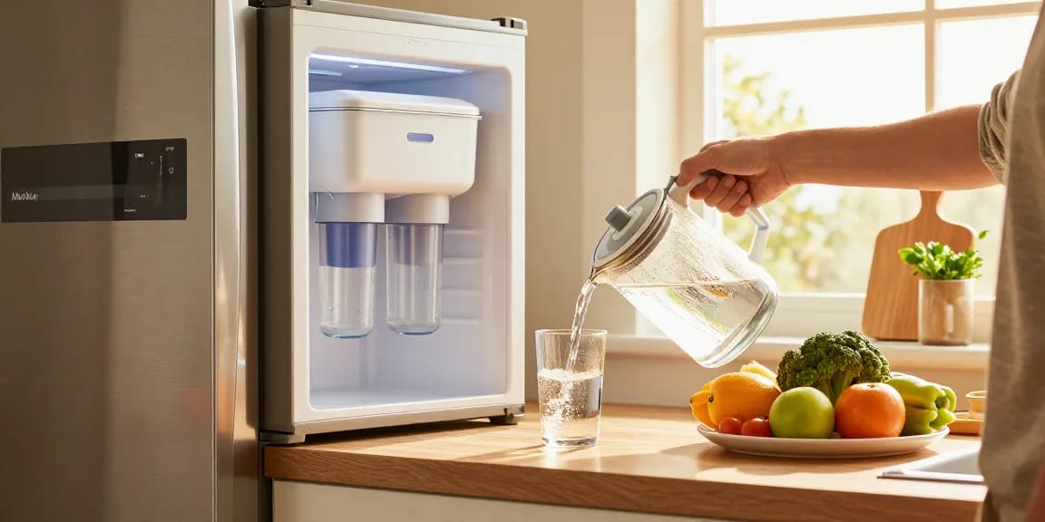 Maxblue DA29-00020B Refrigerator Water Filter in use, pouring fresh water into a pitcher in a warm kitchen.