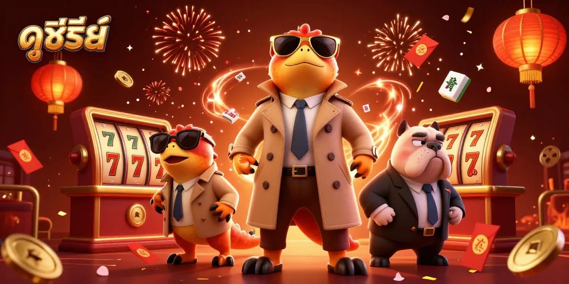 Experience ดูซีรี่ย์ in a vibrant casino scene with animated raptors and lively gaming elements.