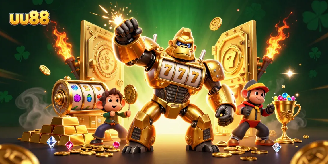 uu88 offers a thrilling experience with a golden gorilla mech and slot elements, showcasing jackpot excitement.