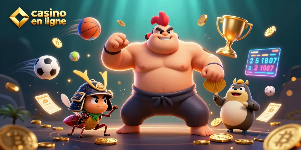 Illustration dynamique de casino en ligne crypto avec un sumo puissant et un criquet.