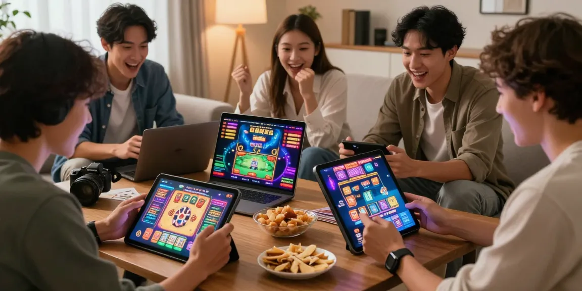 Engaged friends playing 68gamebai online card and casino games together in a cozy living room.