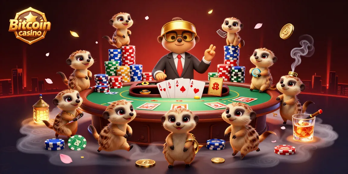 Les suricates gèrent un casino Bitcoin, avec des jeux de cartes, des jetons colorés et une atmosphère festive.