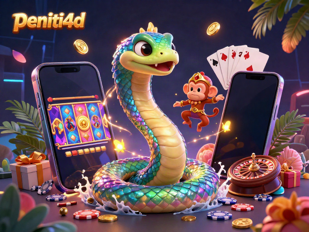 Pemain menikmati peniti4d dengan slot menggoda dan ular pelangi berkilau di dunia game ceria.