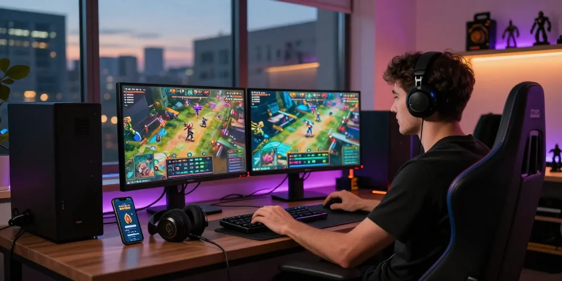 Immersive gaming setup showcasing the excitement of accessing https://naga2000.blog with dual monitors and vibrant graphics.