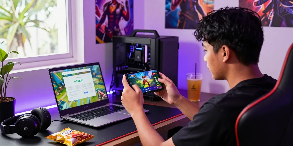 Filipino gamer performing a mobile legends top up on GCash, showcasing vibrant gaming accessories and a cozy environment.