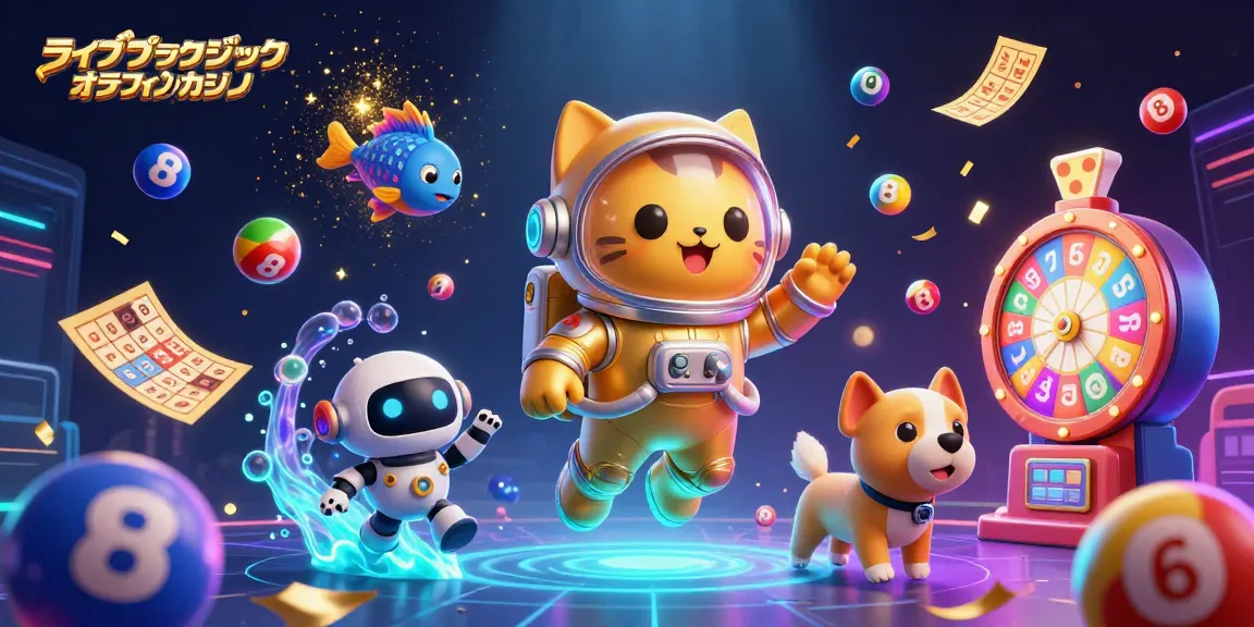 ライブブラックジャックオンラインカジノで遊ぶ宇宙猫とロボット犬、カラフルな宝くじボールが飛び交うシーン