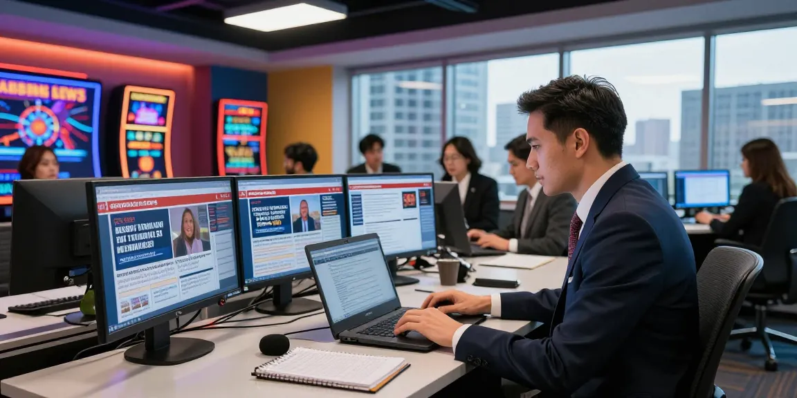 Latest Casino Gambling News reporting scene in a vibrant newsroom, journalist typing breaking headlines surrounded by colleagues.