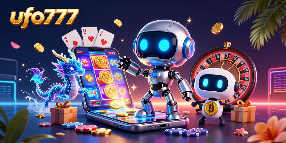 Engage in thrilling gaming adventures with ufo777, featuring a vibrant 3D cyberpunk scene packed with slot games and casino elements.