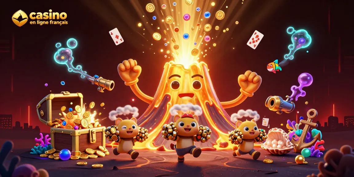 Gagnez avec le casino en ligne français, un volcan doré triomphant émettant des pièces selon les règles du jeu.