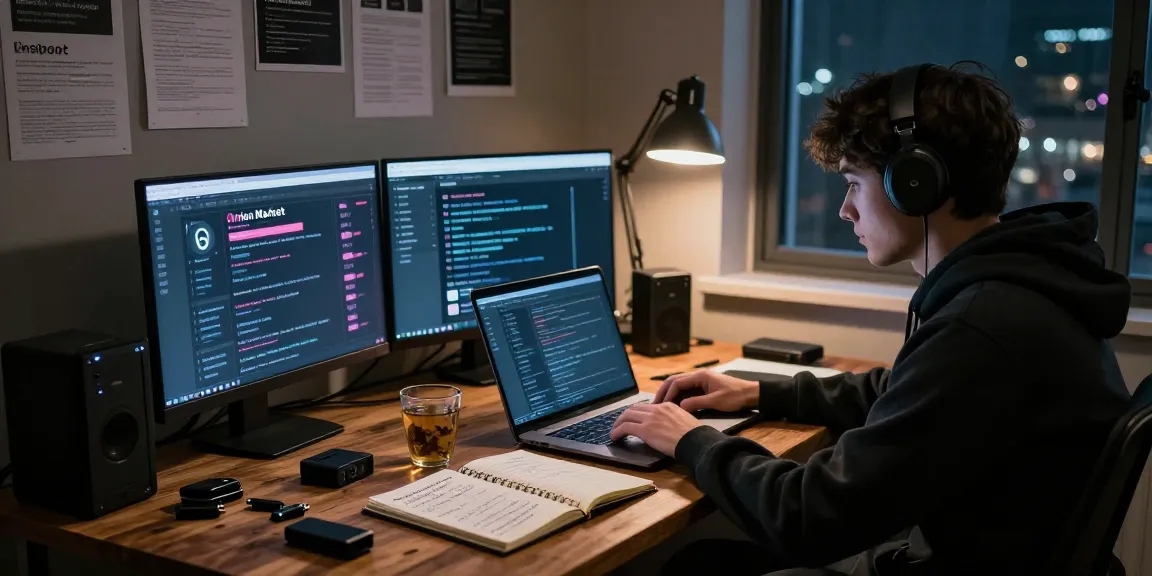Best Darknet Markets 2026 overview with individual researching cryptocurrency and onion market listings in a dimly lit study.