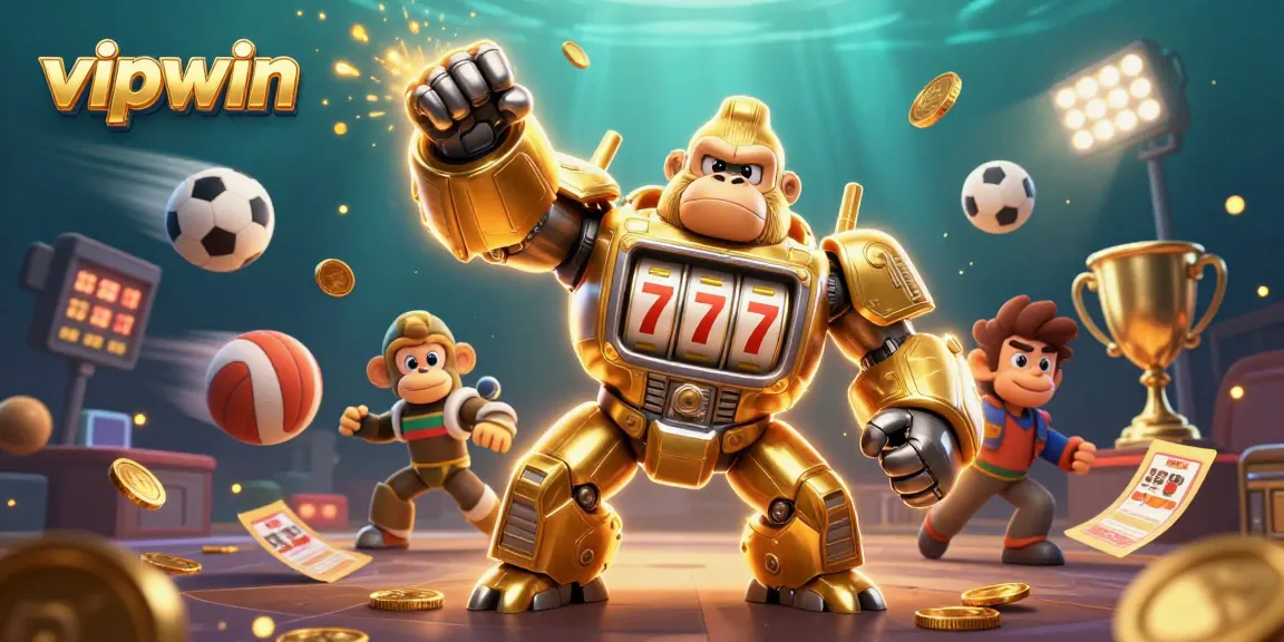 Action-packed scene of vipwin with a golden gorilla mech and vibrant sports elements in a casino